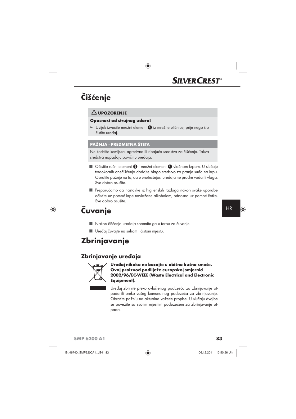 Čišćenje, Čuvanje, Zbrinjavanje | Zbrinjavanje uređaja | Silvercrest SMP 6200 A1 User Manual | Page 85 / 98