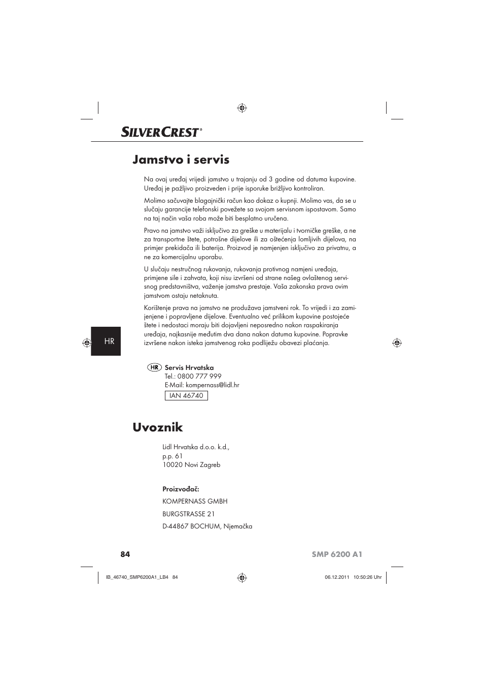 Jamstvo i servis, Uvoznik | Silvercrest SMP 6200 A1 User Manual | Page 86 / 98
