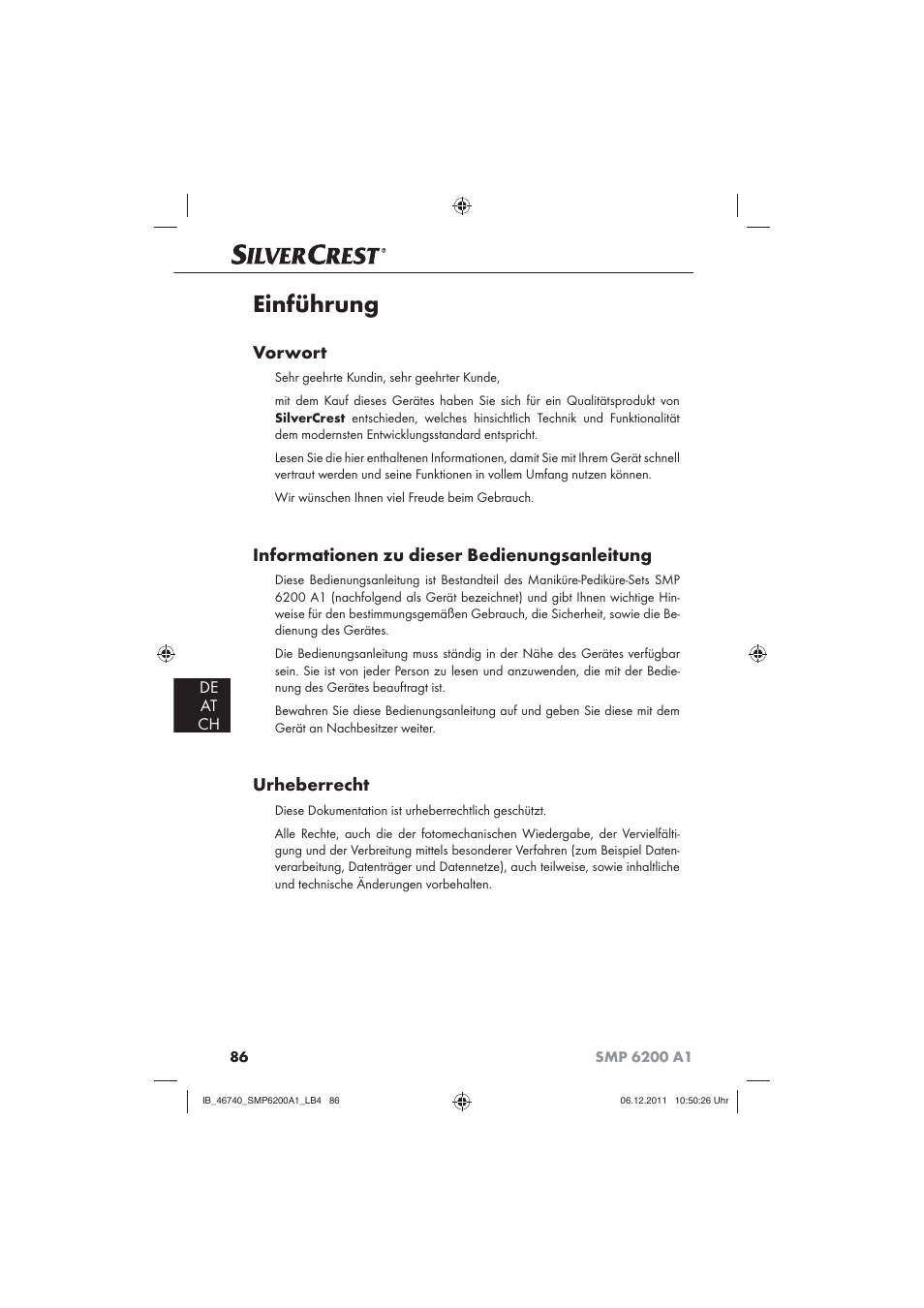 Einführung, Vorwort, Informationen zu dieser bedienungsanleitung | Urheberrecht, De at ch | Silvercrest SMP 6200 A1 User Manual | Page 88 / 98