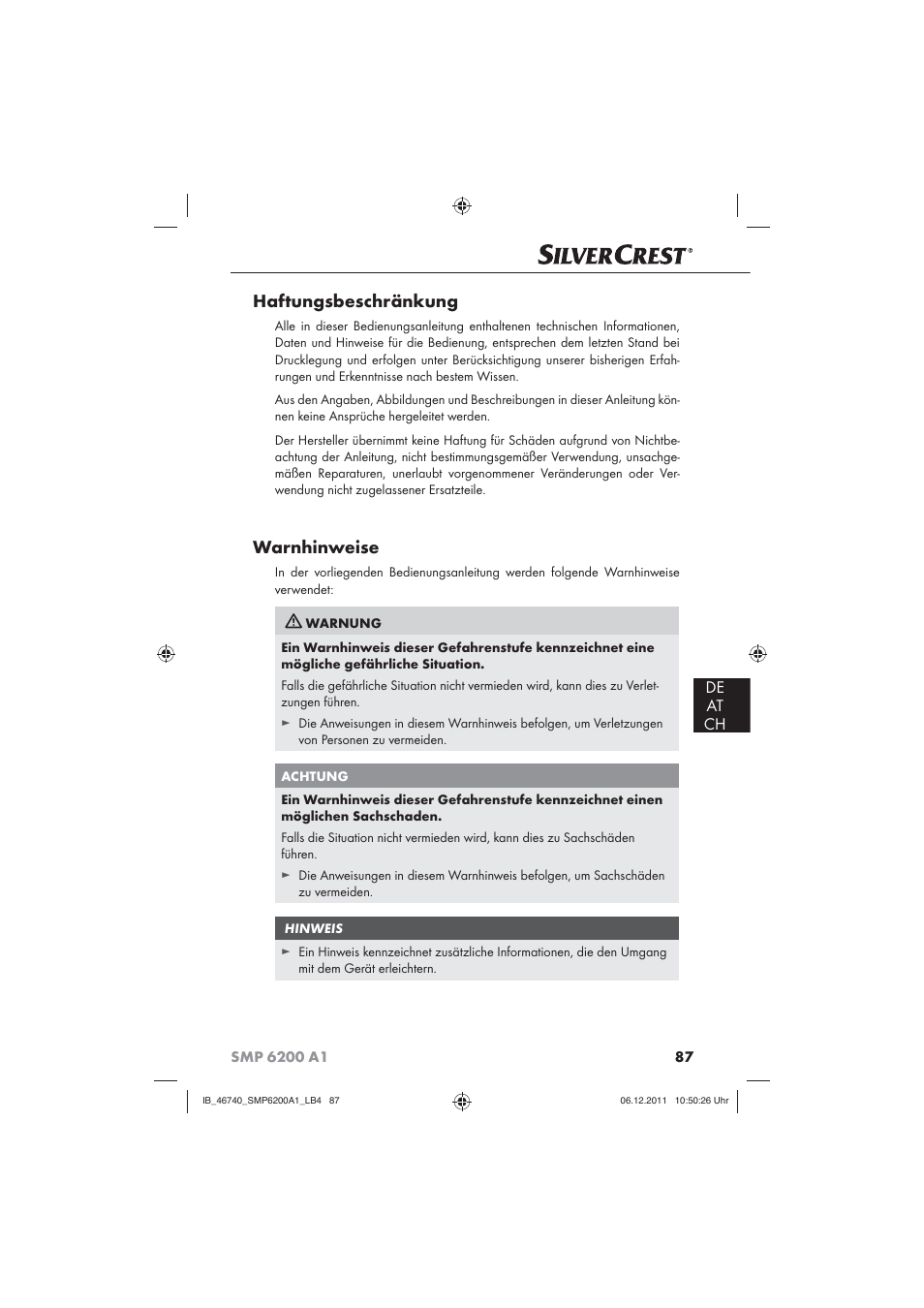 Haftungsbeschränkung, Warnhinweise, De at ch | Silvercrest SMP 6200 A1 User Manual | Page 89 / 98