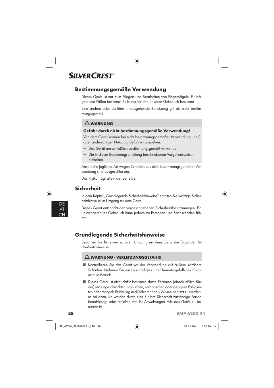 Bestimmungsgemäße verwendung, Sicherheit, Grundlegende sicherheitshinweise | De at ch | Silvercrest SMP 6200 A1 User Manual | Page 90 / 98