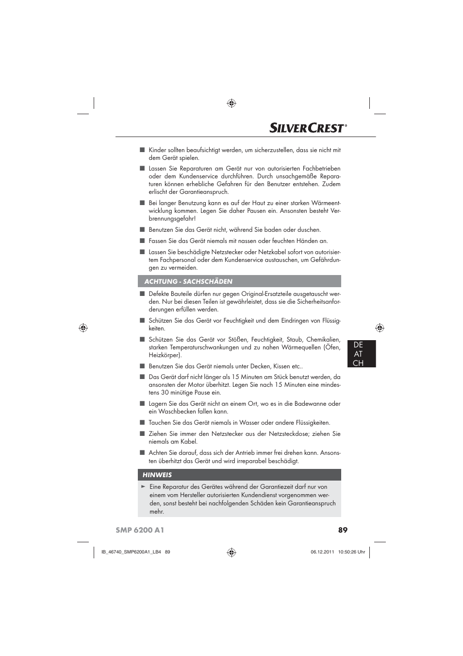 De at ch | Silvercrest SMP 6200 A1 User Manual | Page 91 / 98