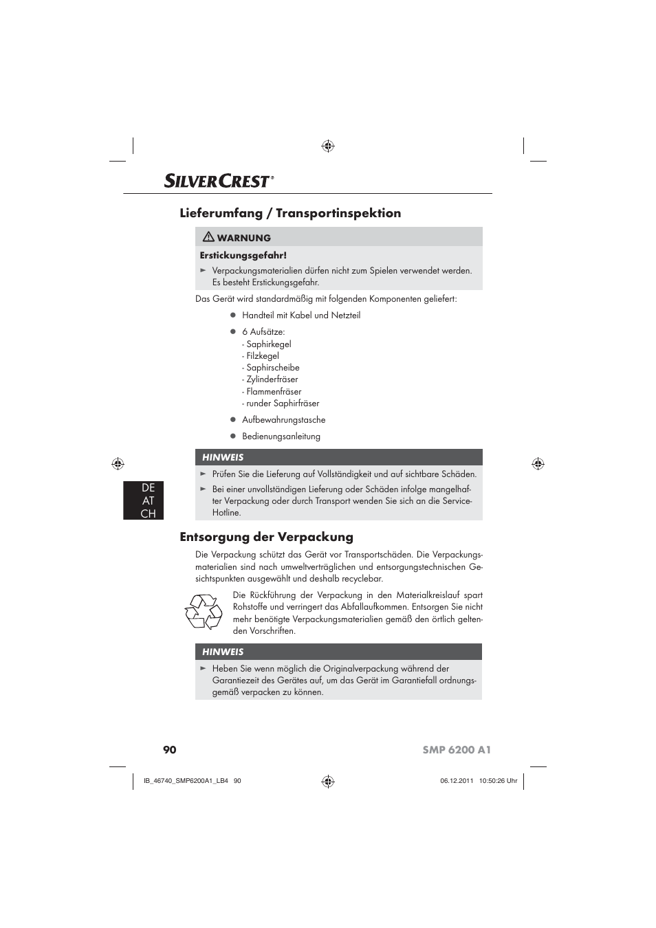 Lieferumfang / transportinspektion, Entsorgung der verpackung, De at ch | Silvercrest SMP 6200 A1 User Manual | Page 92 / 98