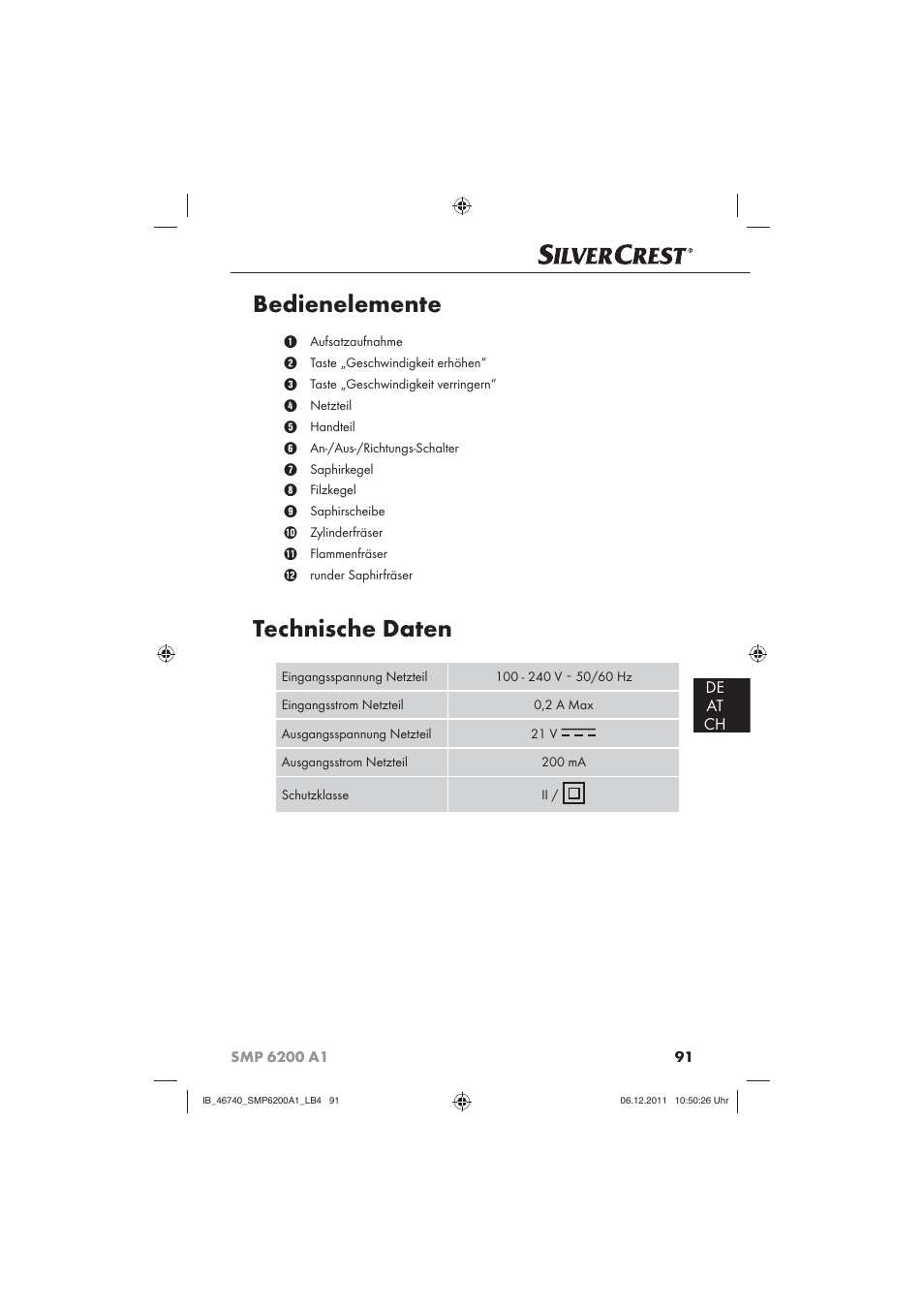 Bedienelemente, Technische daten, De at ch | Silvercrest SMP 6200 A1 User Manual | Page 93 / 98
