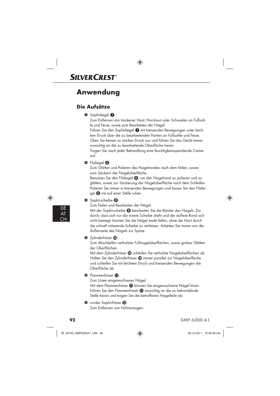 Anwendung, Die aufsätze, De at ch | Silvercrest SMP 6200 A1 User Manual | Page 94 / 98