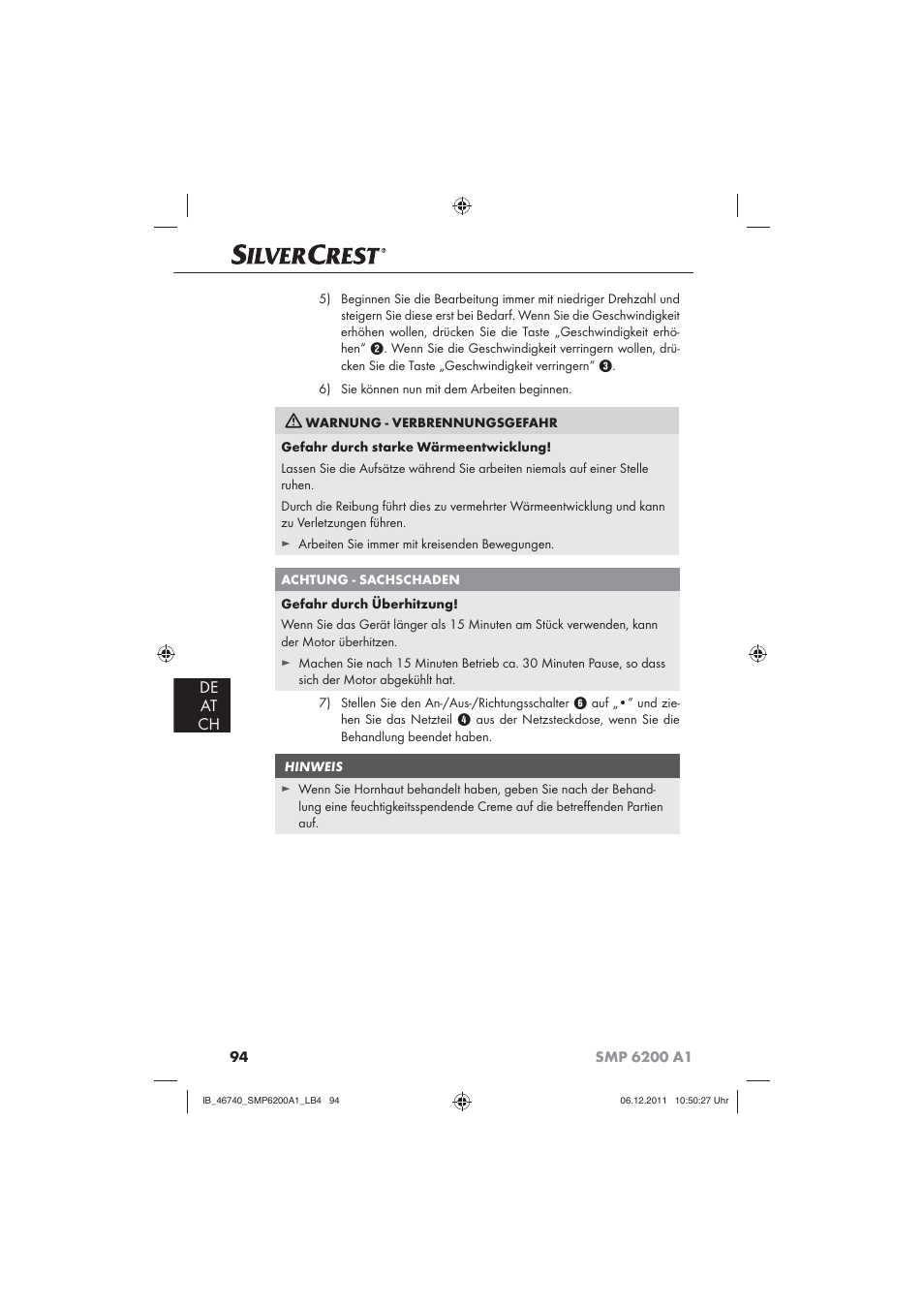 De at ch | Silvercrest SMP 6200 A1 User Manual | Page 96 / 98