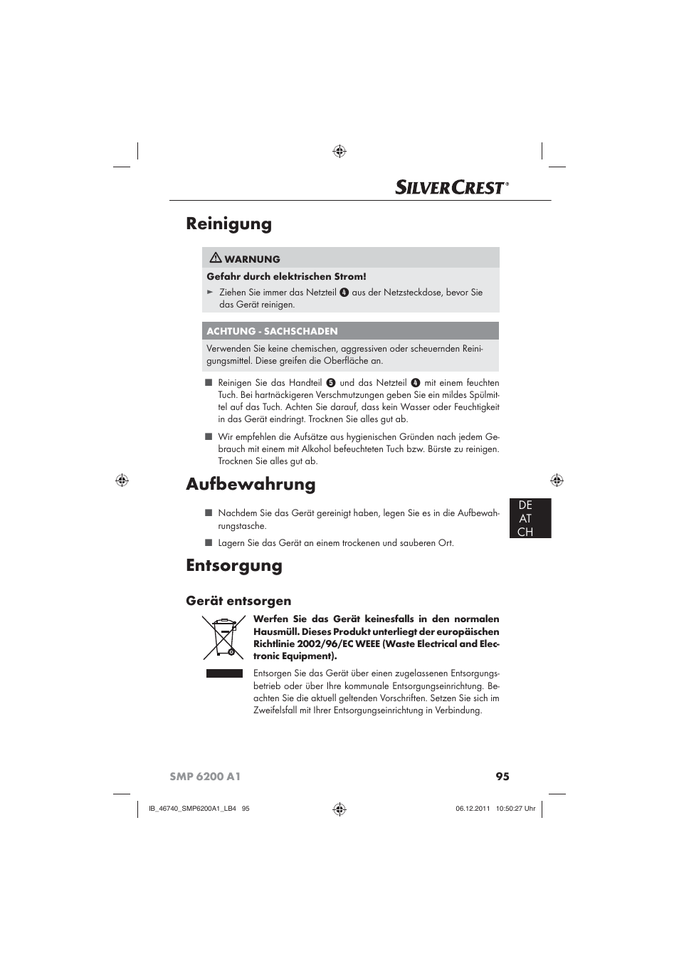 Reinigung, Aufbewahrung, Entsorgung | Gerät entsorgen, De at ch | Silvercrest SMP 6200 A1 User Manual | Page 97 / 98