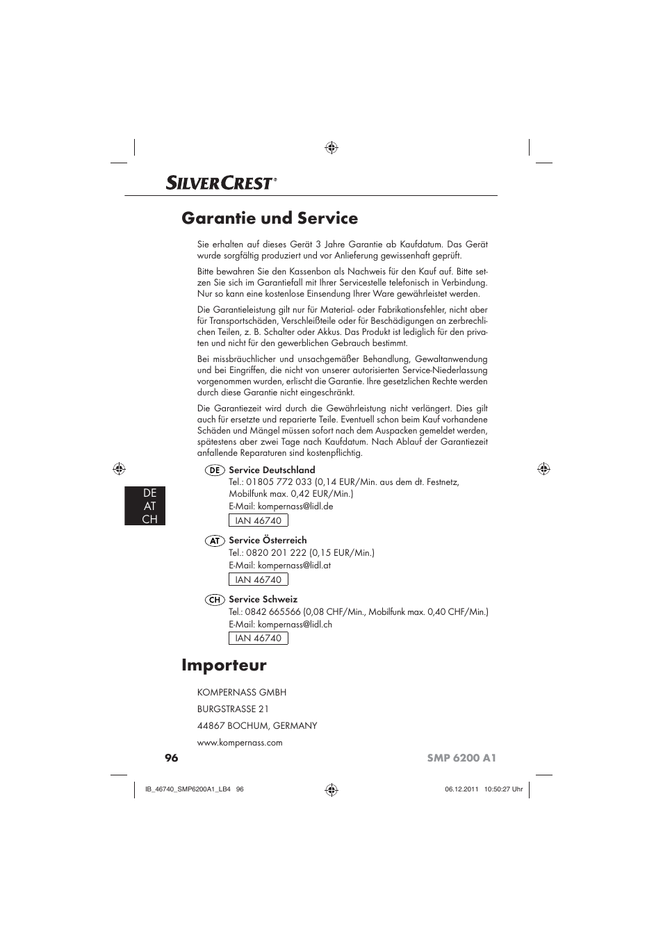 Garantie und service, Importeur, De at ch | Silvercrest SMP 6200 A1 User Manual | Page 98 / 98