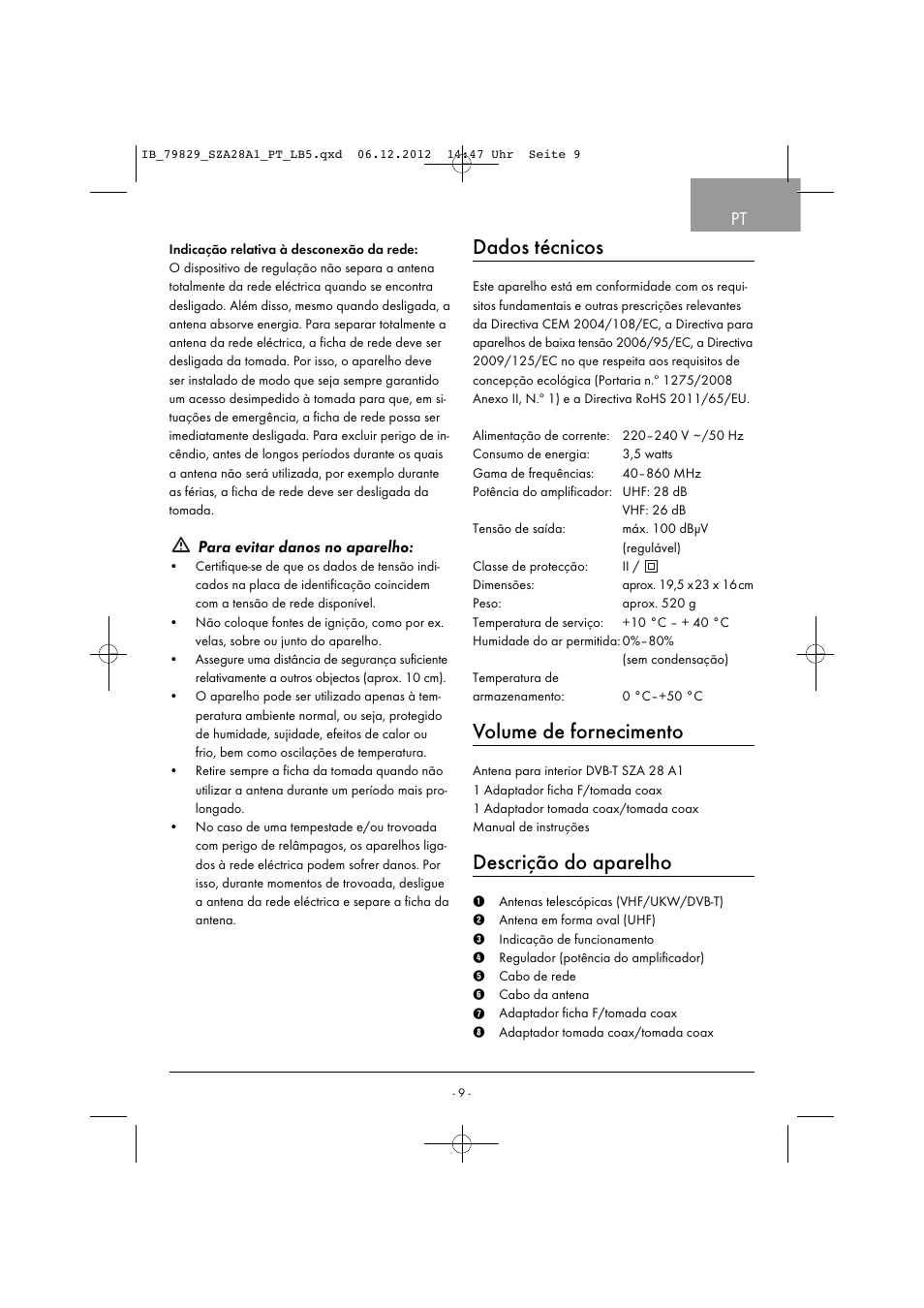 Dados técnicos, Volume de fornecimento, Descrição do aparelho | Para evitar danos no aparelho | Silvercrest SZA 28 A1 User Manual | Page 12 / 28