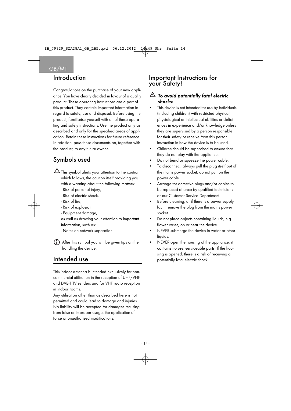 Introduction, Symbols used, Intended use | Important instructions for your safety, Gb/mt | Silvercrest SZA 28 A1 User Manual | Page 17 / 28