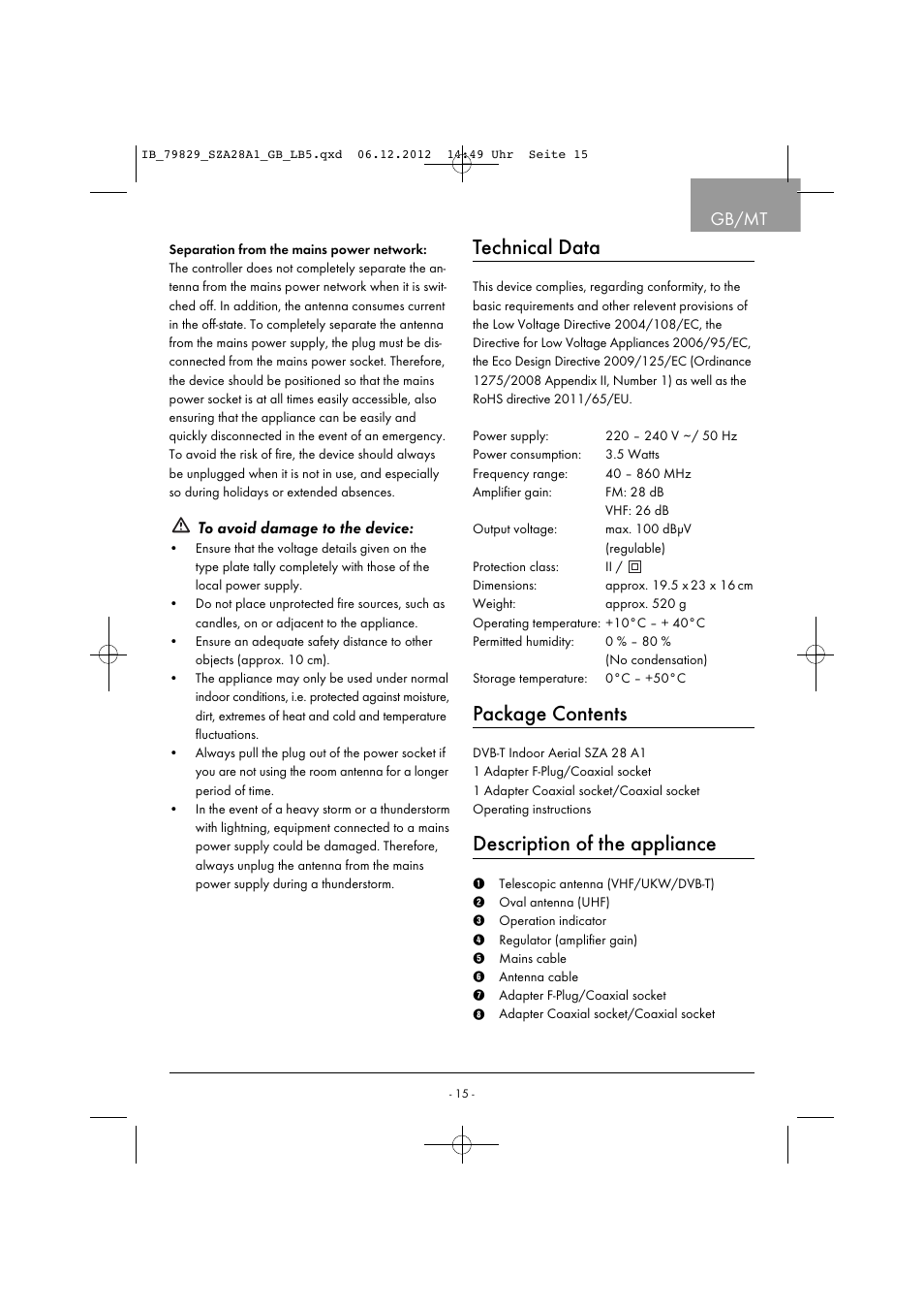 Technical data, Package contents, Description of the appliance | Gb/mt | Silvercrest SZA 28 A1 User Manual | Page 18 / 28
