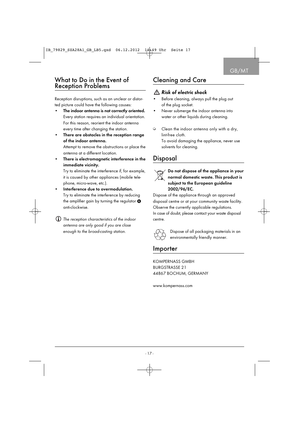 What to do in the event of reception problems, Cleaning and care, Disposal | Importer, Gb/mt | Silvercrest SZA 28 A1 User Manual | Page 20 / 28