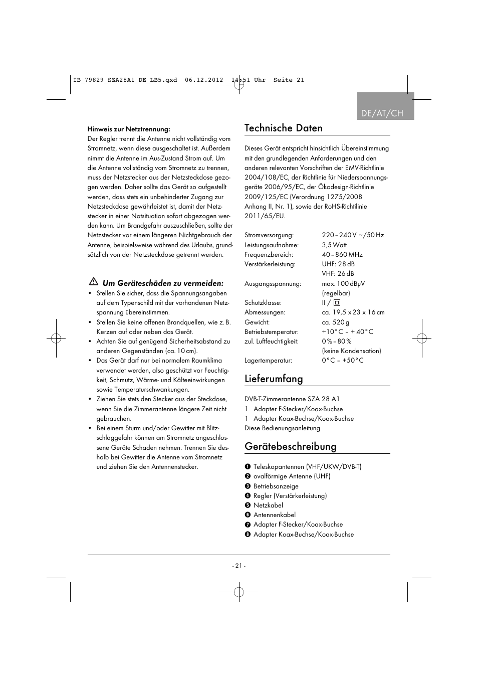 Technische daten, Lieferumfang, Gerätebeschreibung | De/at/ch, Um geräteschäden zu vermeiden | Silvercrest SZA 28 A1 User Manual | Page 24 / 28