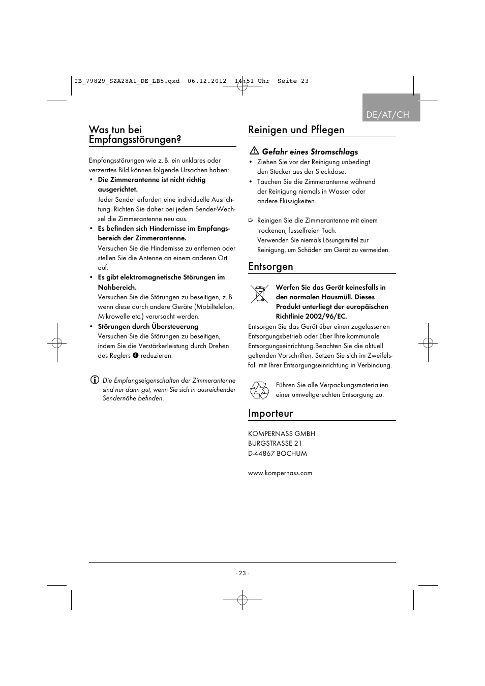 Was tun bei empfangsstörungen, Reinigen und pflegen, Entsorgen | Importeur, De/at/ch | Silvercrest SZA 28 A1 User Manual | Page 26 / 28