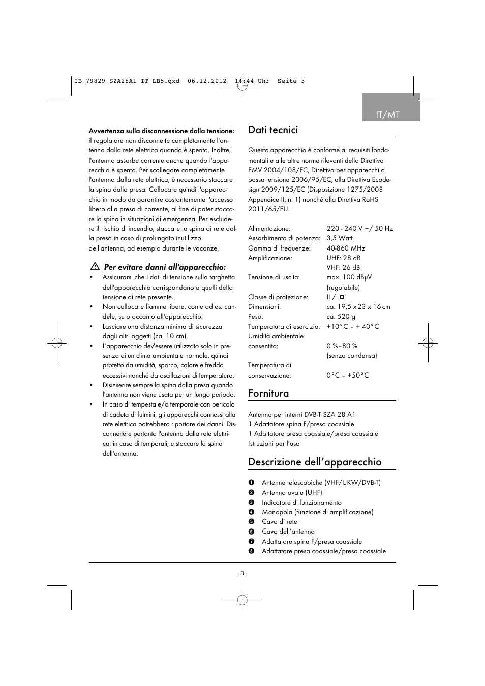 Dati tecnici, Fornitura, Descrizione dell’apparecchio | It/mt, Per evitare danni all'apparecchio | Silvercrest SZA 28 A1 User Manual | Page 6 / 28