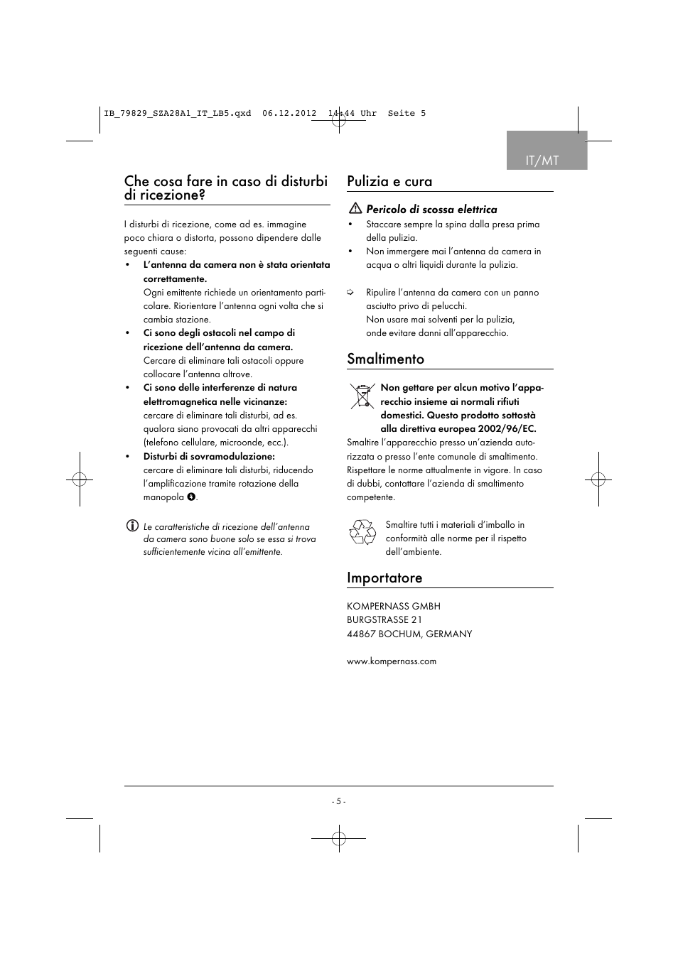 Che cosa fare in caso di disturbi di ricezione, Pulizia e cura, Smaltimento | Importatore, It/mt | Silvercrest SZA 28 A1 User Manual | Page 8 / 28