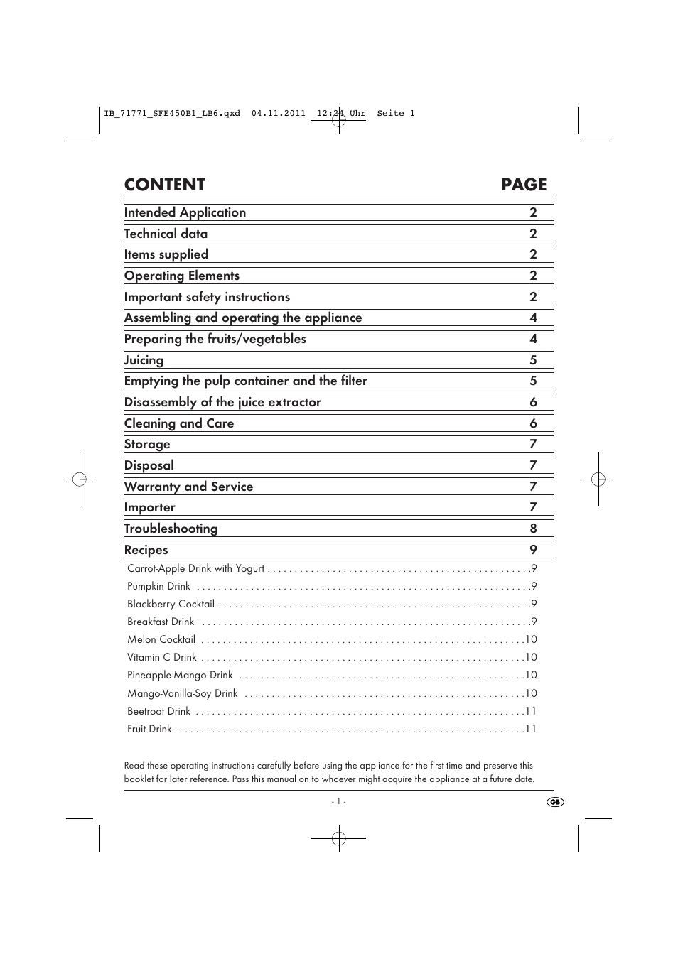Content page | Silvercrest SFE 450 B1 User Manual | Page 3 / 25