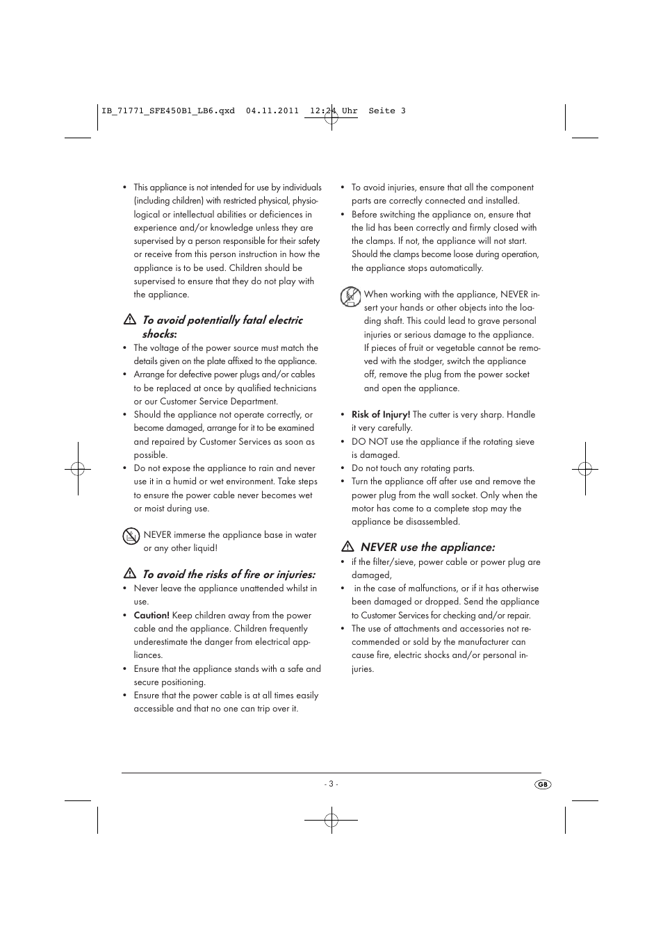 Never use the appliance | Silvercrest SFE 450 B1 User Manual | Page 5 / 25