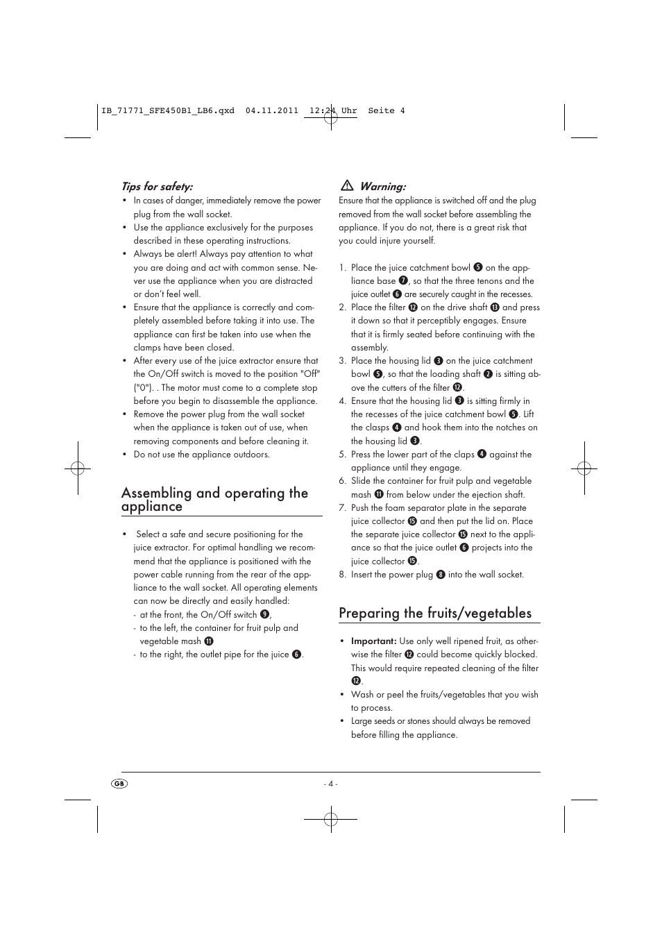 Assembling and operating the appliance, Preparing the fruits/vegetables | Silvercrest SFE 450 B1 User Manual | Page 6 / 25