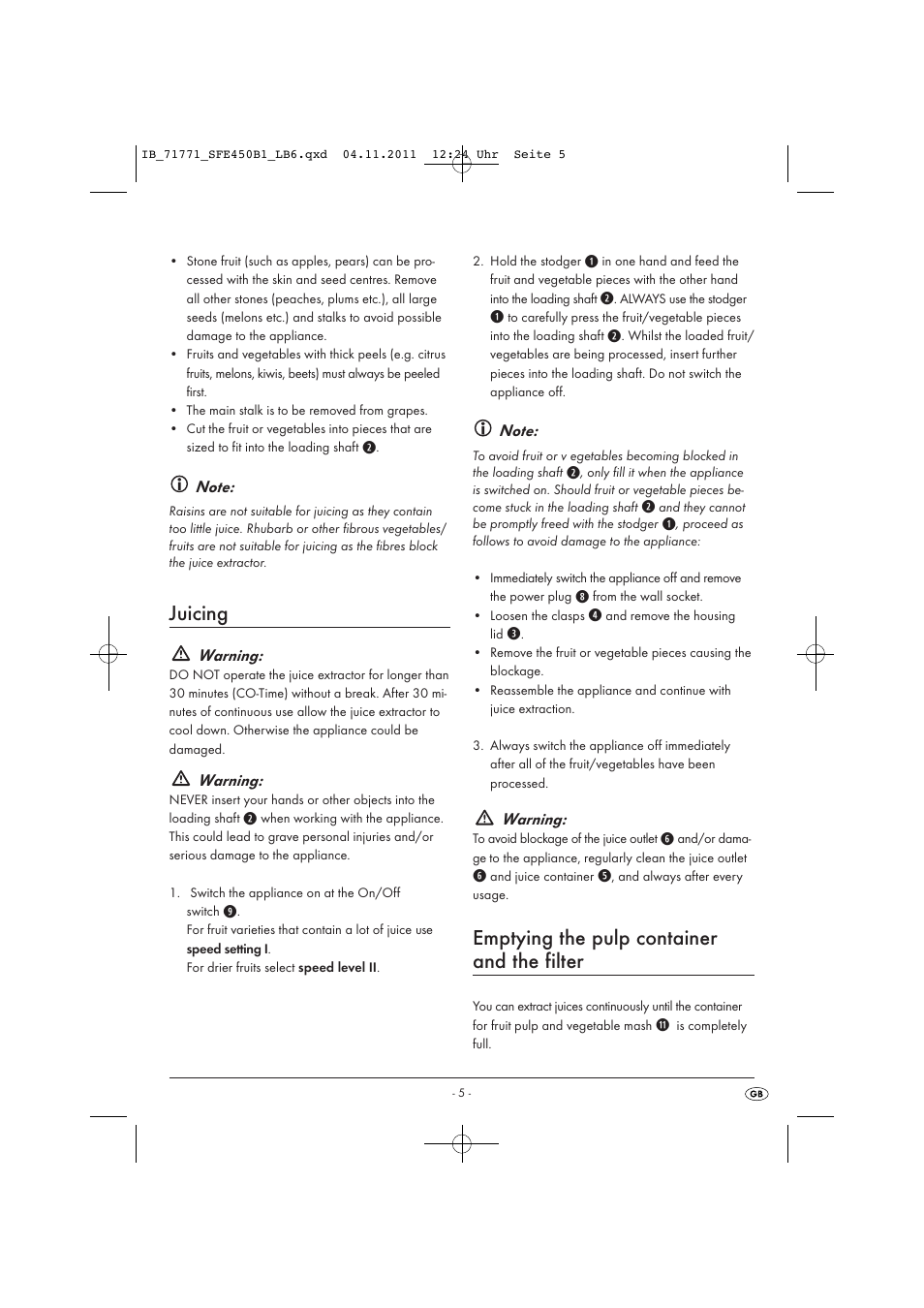 Juicing, Emptying the pulp container and the filter | Silvercrest SFE 450 B1 User Manual | Page 7 / 25