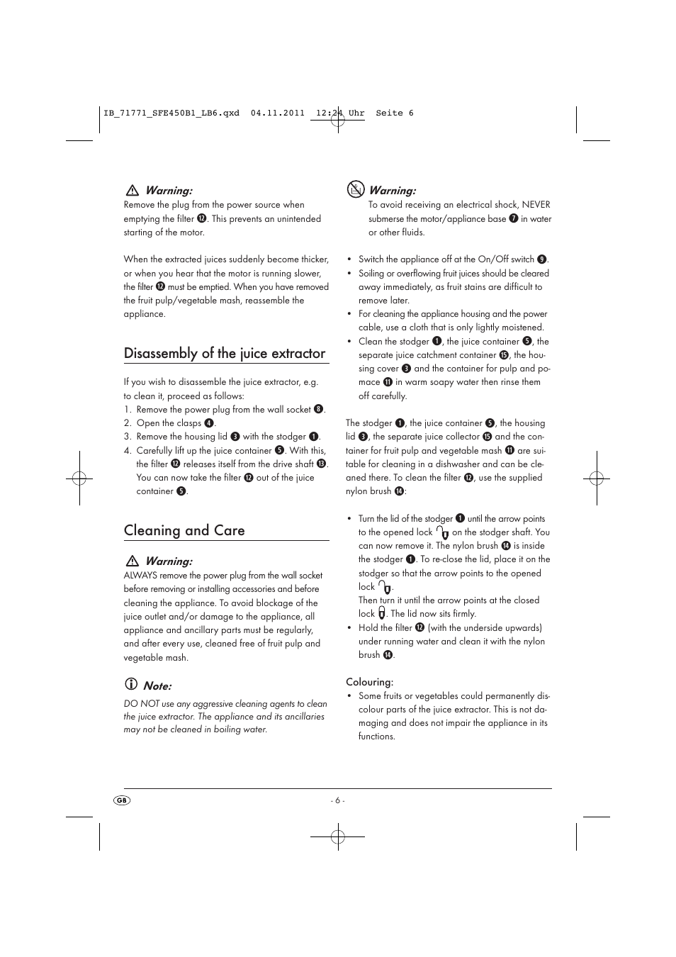 Disassembly of the juice extractor, Cleaning and care | Silvercrest SFE 450 B1 User Manual | Page 8 / 25