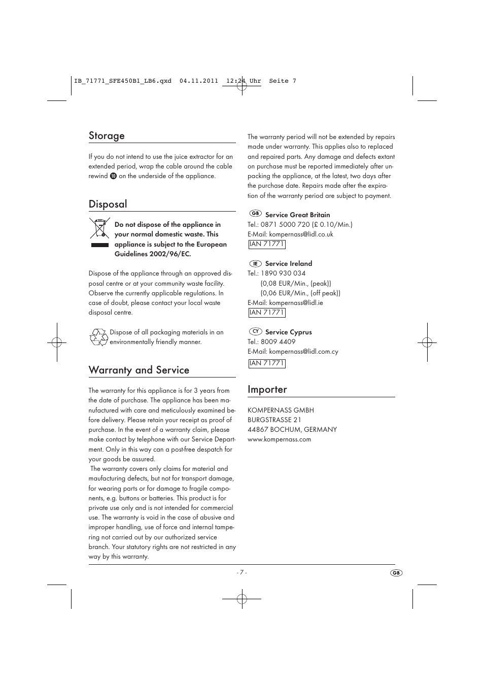 Storage, Disposal, Warranty and service | Importer | Silvercrest SFE 450 B1 User Manual | Page 9 / 25