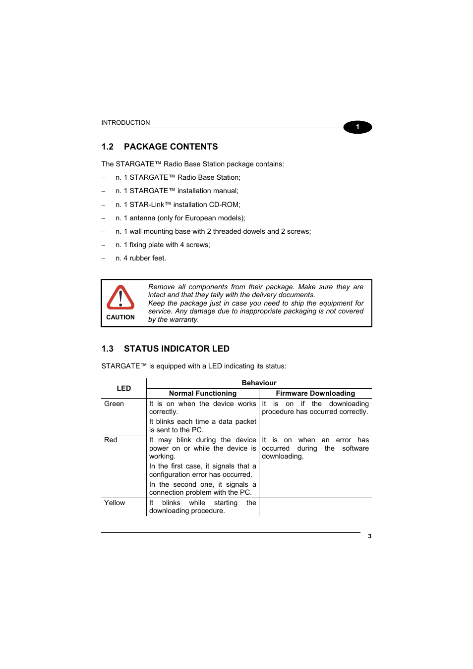 Package contents, Status indicator led | Datalogic Scanning STARGATE User Manual | Page 11 / 39