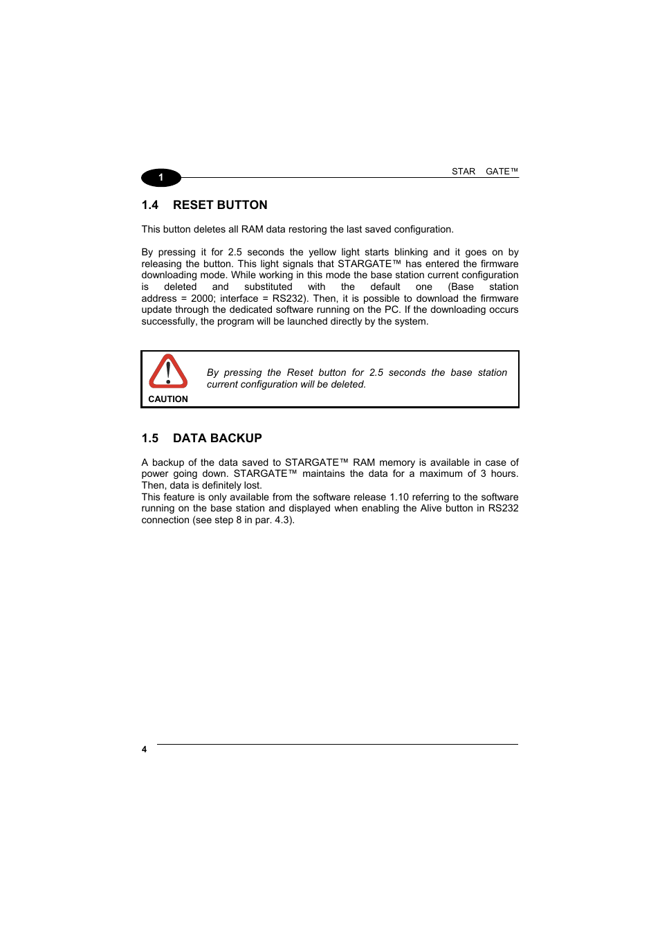 Reset button, Data backup | Datalogic Scanning STARGATE User Manual | Page 12 / 39