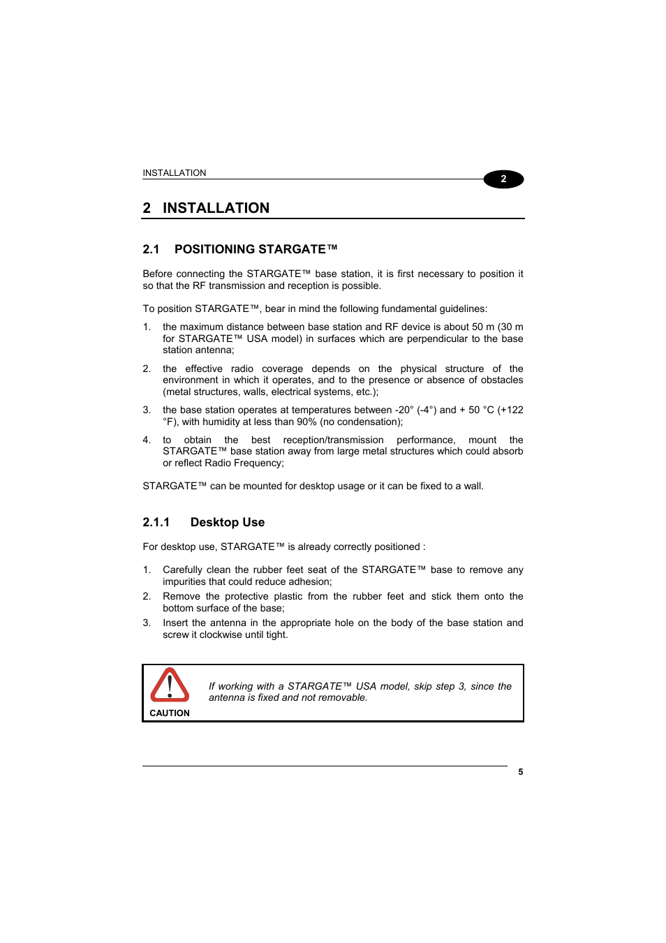 Installation, Positioning stargate, Desktop use | 2 installation | Datalogic Scanning STARGATE User Manual | Page 13 / 39