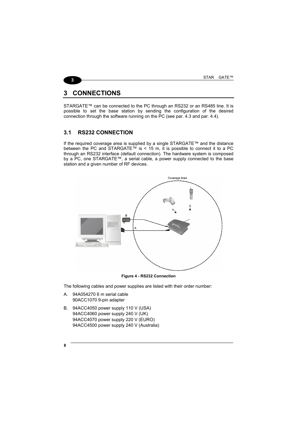 Connections, Rs232 connection, 3 connections | Datalogic Scanning STARGATE User Manual | Page 16 / 39