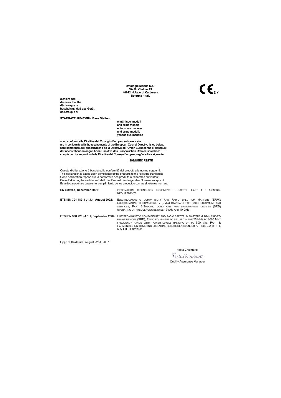 Declaration of conformity | Datalogic Scanning STARGATE User Manual | Page 38 / 39