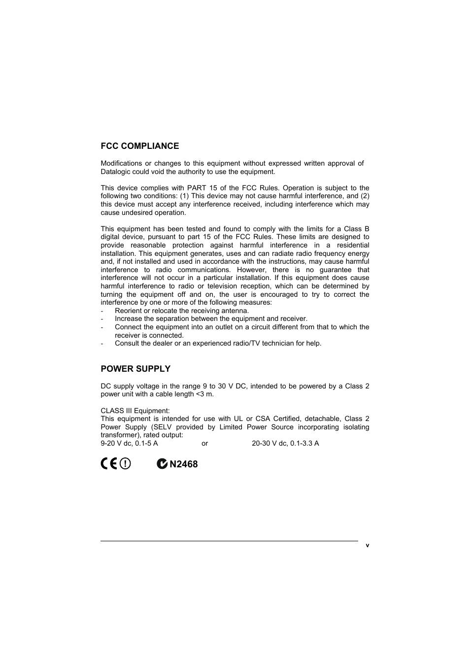 Fcc compliance, Power supply, N2468 | Datalogic Scanning STARGATE User Manual | Page 5 / 39