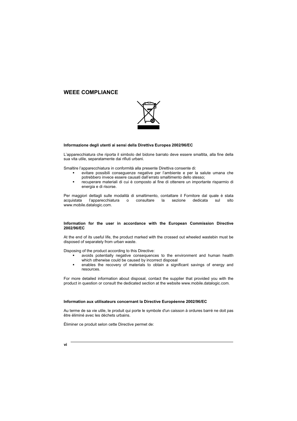 Weee compliance | Datalogic Scanning STARGATE User Manual | Page 6 / 39