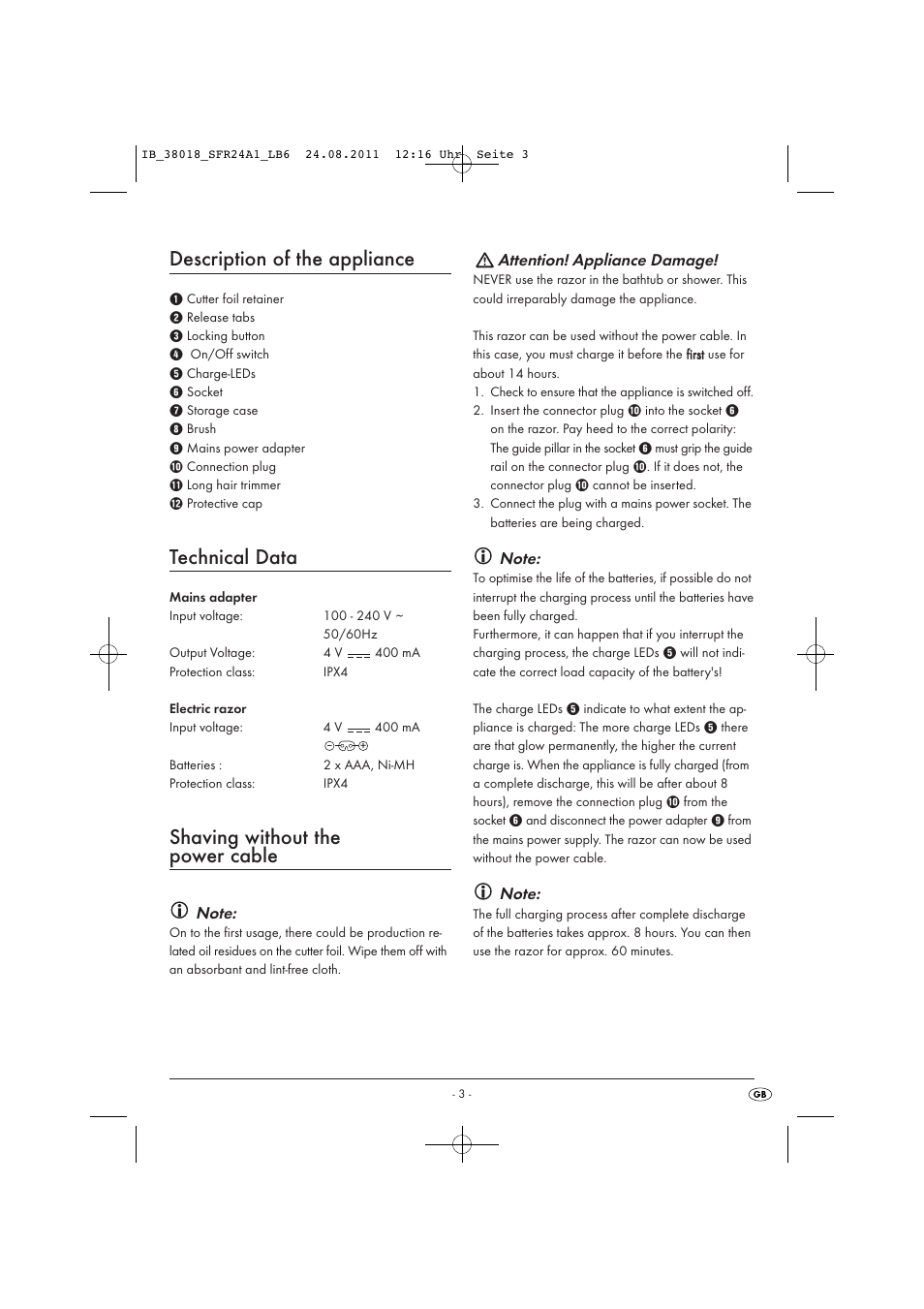 Description of the appliance, Technical data, Shaving without the power cable | Attention! appliance damage | Silvercrest SFR 2.4 A1 User Manual | Page 5 / 14