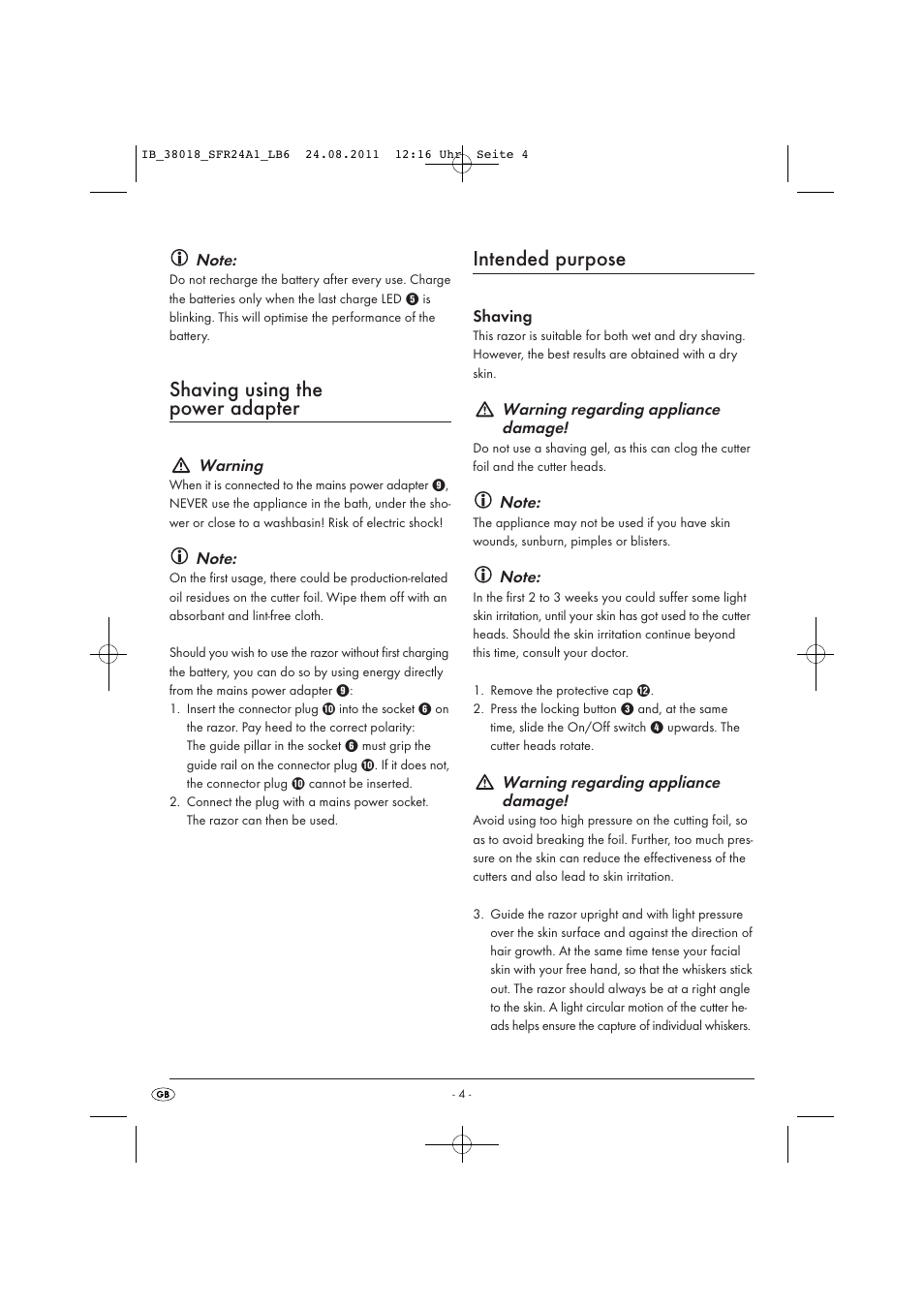 Shaving using the power adapter, Intended purpose | Silvercrest SFR 2.4 A1 User Manual | Page 6 / 14