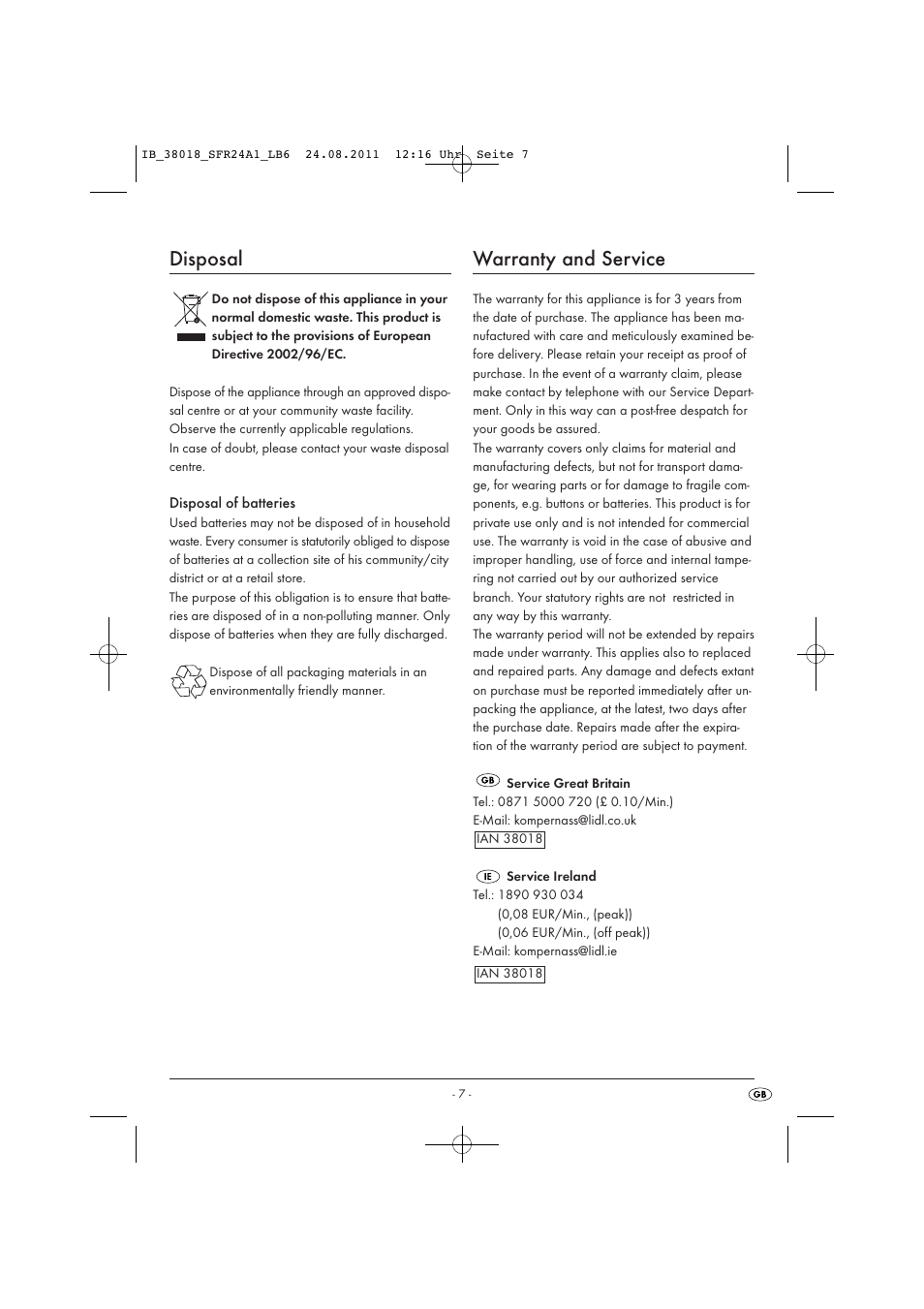 Disposal, Warranty and service | Silvercrest SFR 2.4 A1 User Manual | Page 9 / 14
