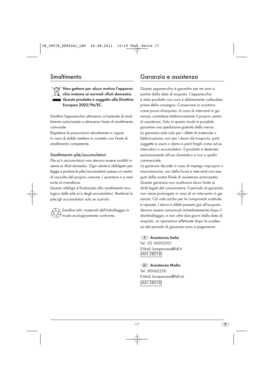 Smaltimento, Garanzia e assistenza | Silvercrest SFR 2.4 A1 User Manual | Page 19 / 44
