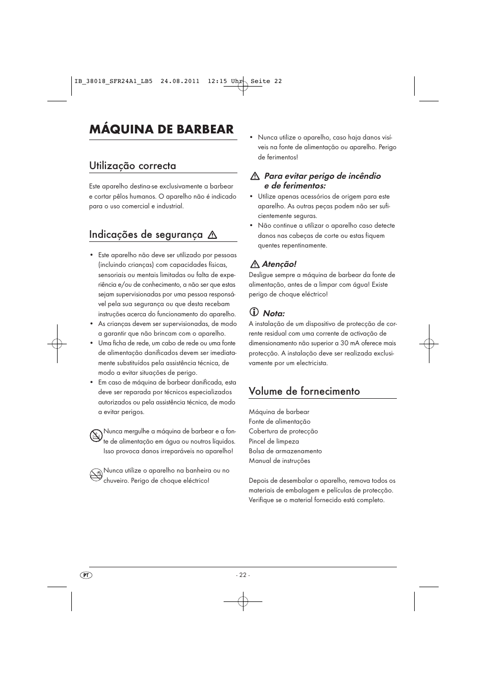 Máquina de barbear, Utilização correcta, Indicações de segurança | Volume de fornecimento | Silvercrest SFR 2.4 A1 User Manual | Page 24 / 44