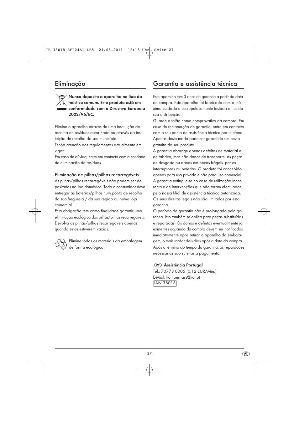 Eliminação, Garantia e assistência técnica | Silvercrest SFR 2.4 A1 User Manual | Page 29 / 44