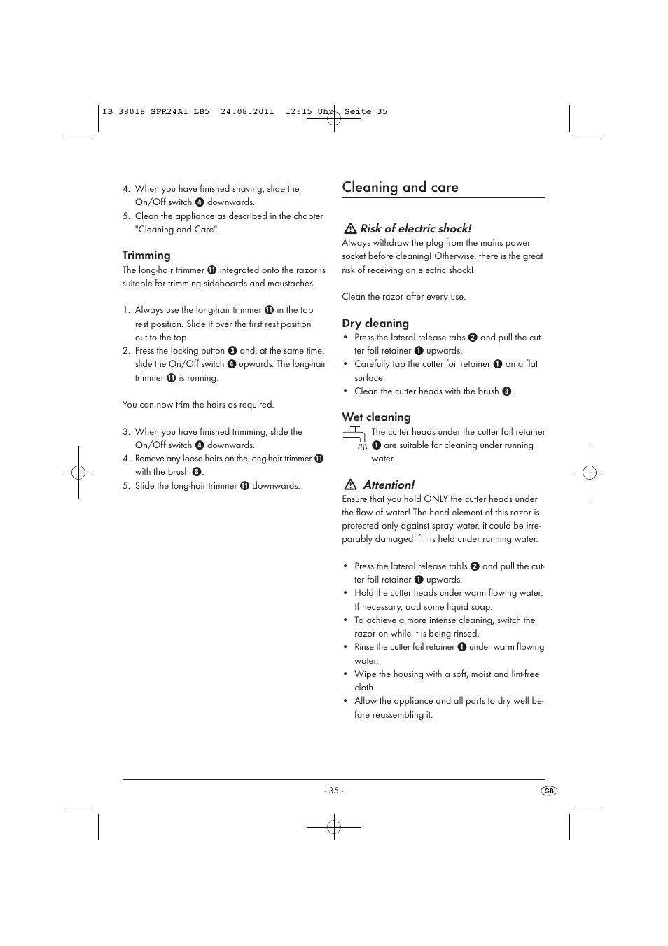 Cleaning and care, Trimming, Risk of electric shock | Dry cleaning, Wet cleaning, Attention | Silvercrest SFR 2.4 A1 User Manual | Page 37 / 44