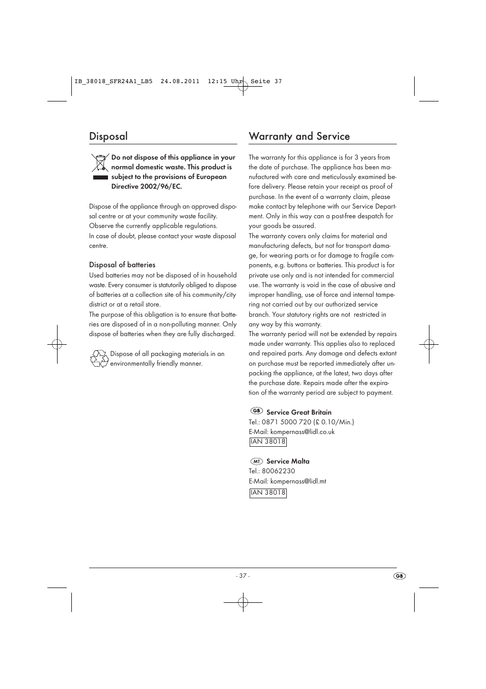 Disposal, Warranty and service | Silvercrest SFR 2.4 A1 User Manual | Page 39 / 44