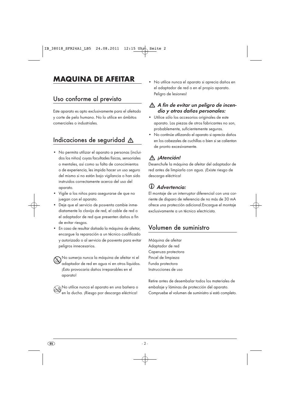 Maquina de afeitar, Uso conforme al previsto, Indicaciones de seguridad | Volumen de suministro | Silvercrest SFR 2.4 A1 User Manual | Page 4 / 44