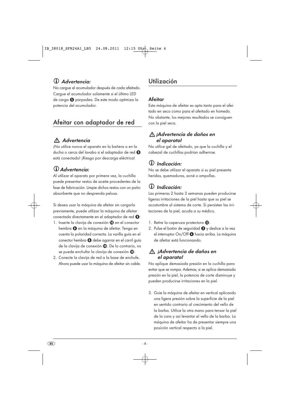 Afeitar con adaptador de red, Utilización | Silvercrest SFR 2.4 A1 User Manual | Page 6 / 44