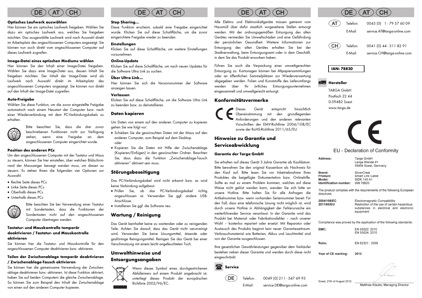 Störungsbeseitigung, Wartung / reinigung, Umwelthinweise und entsorgungsangaben | Konformitätsvermerke, Hinweise zu garantie und serviceabwicklung | Silvercrest SIDK 145 A1 User Manual | Page 2 / 8