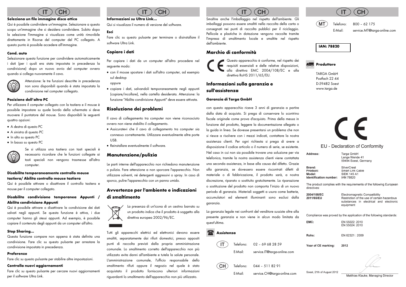 Risoluzione dei problemi, Manutenzione/pulizia, Marchio di conformità | Informazioni sulla garanzia e sull'assistenza | Silvercrest SIDK 145 A1 User Manual | Page 6 / 8