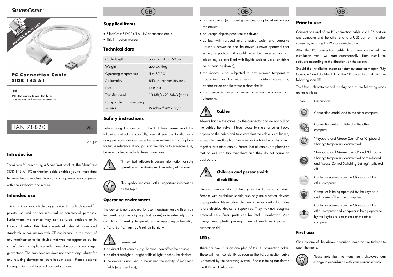 Introduction, Intended use, Supplied items | Technical data, Safety instructions, Leds, Prior to use, First use | Silvercrest SIDK 145 A1 User Manual | Page 7 / 8