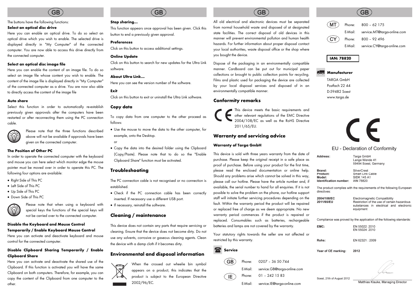 Troubleshooting, Cleaning / maintenance, Environmental and disposal information | Conformity remarks, Warranty and servicing advice | Silvercrest SIDK 145 A1 User Manual | Page 8 / 8