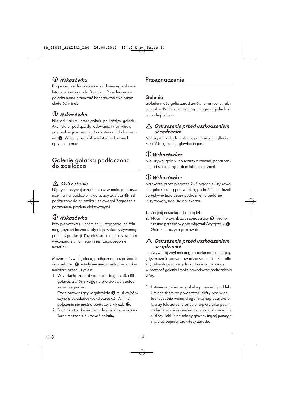 Golenie golarką podłączoną do zasilacza, Przeznaczenie | Silvercrest SFR 2.4 A1 User Manual | Page 16 / 62