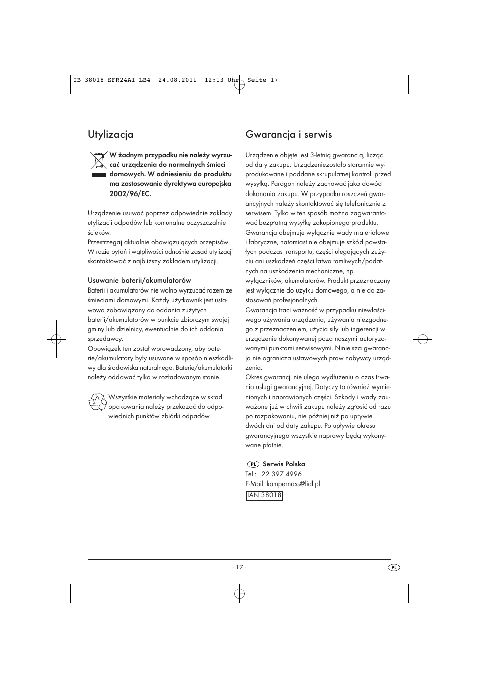 Utylizacja, Gwarancja i serwis | Silvercrest SFR 2.4 A1 User Manual | Page 19 / 62