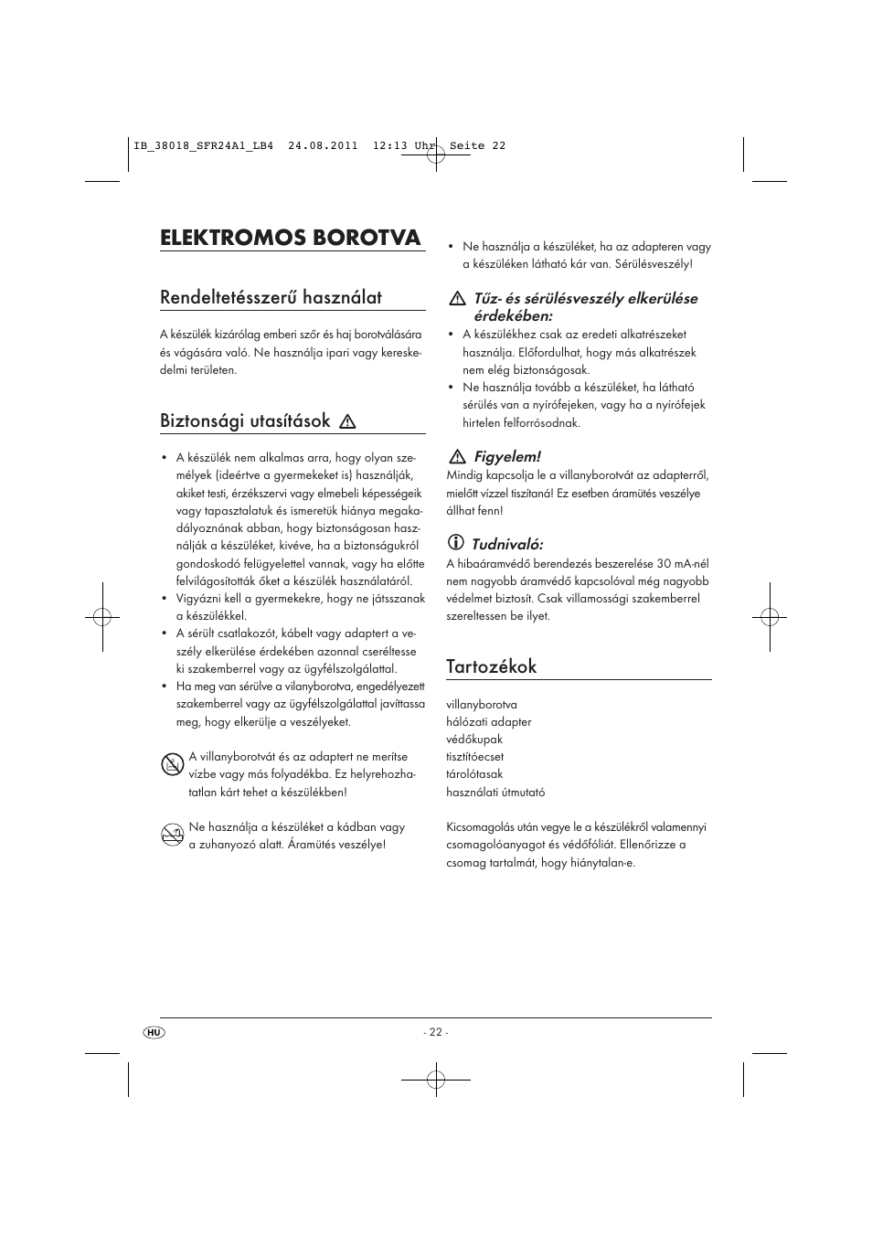 Elektromos borotva, Rendeltetésszerű használat, Biztonsági utasítások | Tartozékok | Silvercrest SFR 2.4 A1 User Manual | Page 24 / 62